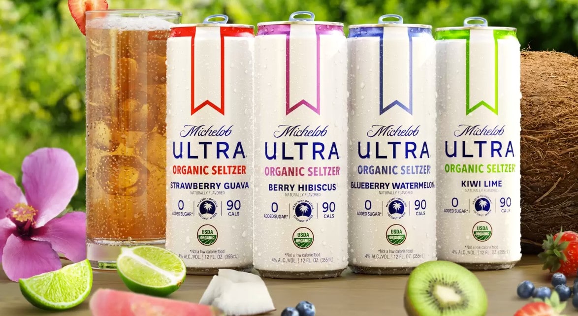 A picture containing michelob ultra selzter